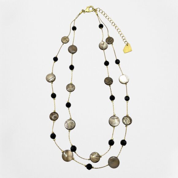 Park Lane Station Necklace Layered Shell Disc Glass Bead Tiered Gold Tone Beige - Picture 6 of 8